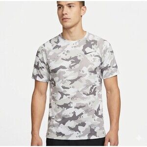 NIKE Dri-FIT Tee Mens Large Gray Camo Training Running Shirt Performance